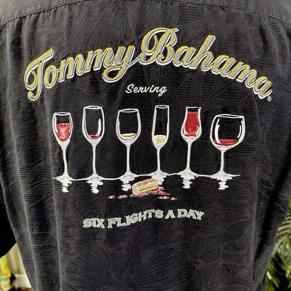 Tommy Bahama Camp Shirt XL Six Flights A Day Silk Jacquard Black Dry cleaned